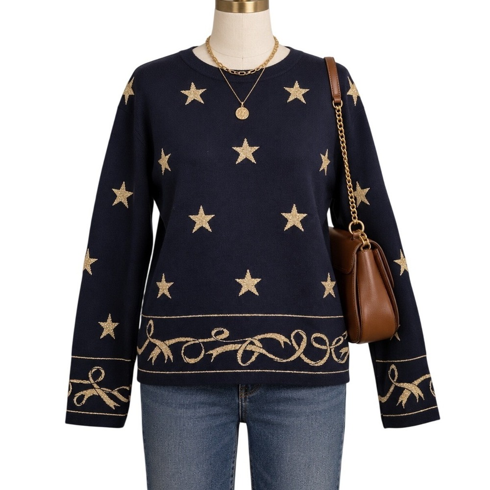 Mondi Vintage Navy Gold Metallic Star Ribbon Knit Sparkle Sweater Large 90s